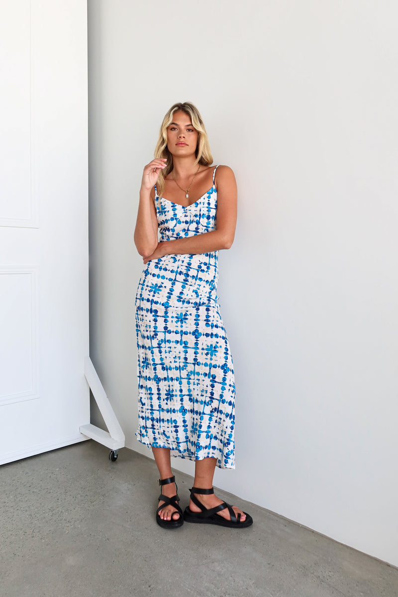 Elke Slip Dress | Blue + White Mosaic