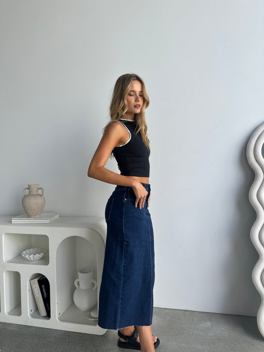 Mimi Raw Edge Denim Midi Skirt