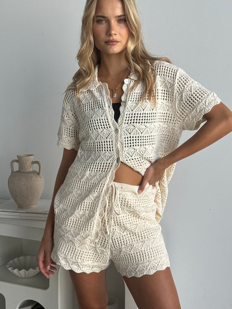 Nina Crochet Knit Co-ord Shirt | White